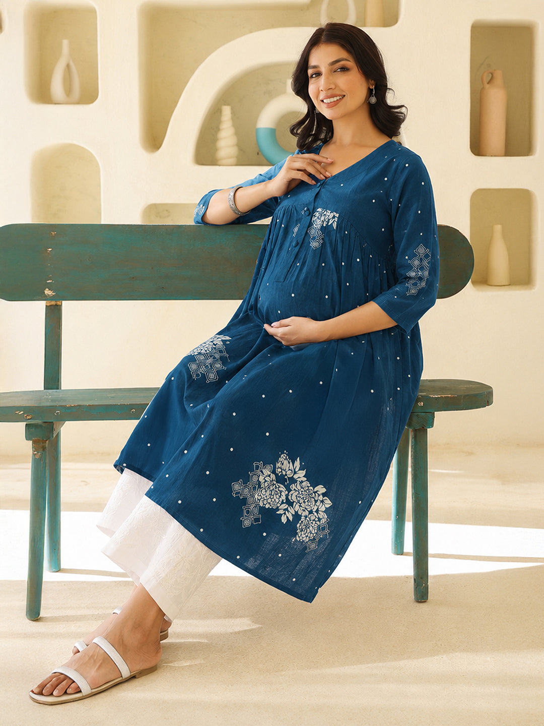 Janasya Women's Maternity Teal Blue Pure Cotton Floral Printed A-Line Kurta