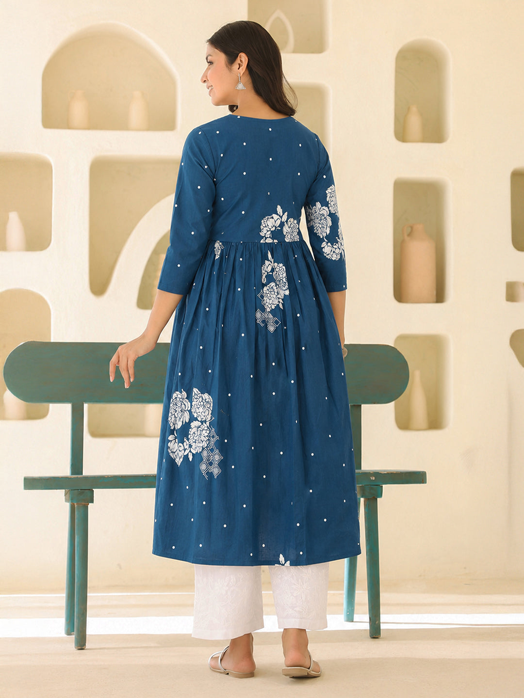 Janasya Women's Maternity Teal Blue Pure Cotton Floral Printed A-Line Kurta