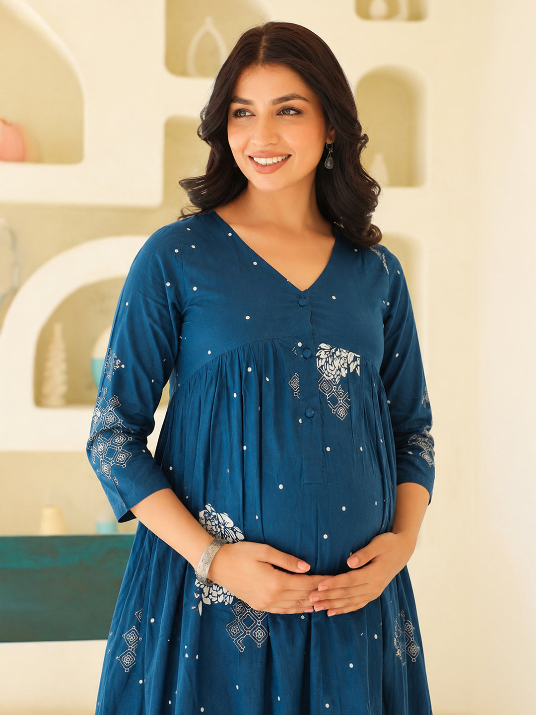 Janasya Women's Maternity Teal Blue Pure Cotton Floral Printed A-Line Kurta