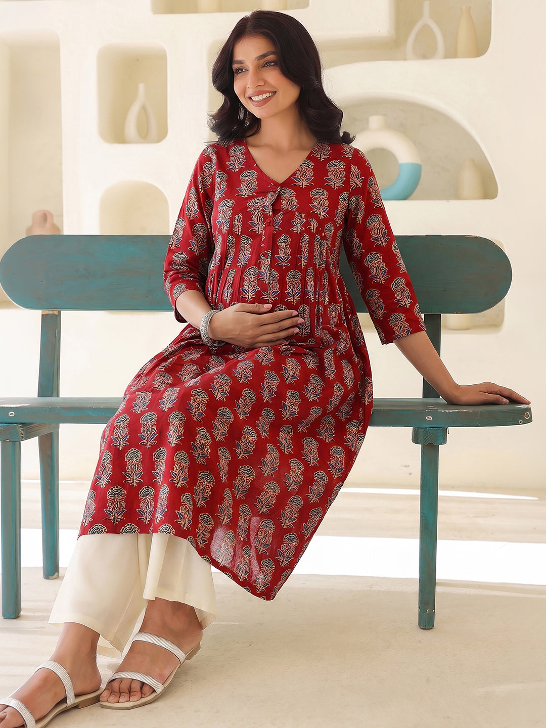 Janasya Women's Maternity Maroon Pure Cotton Ethnic Motifs Printed A-Line Kurta