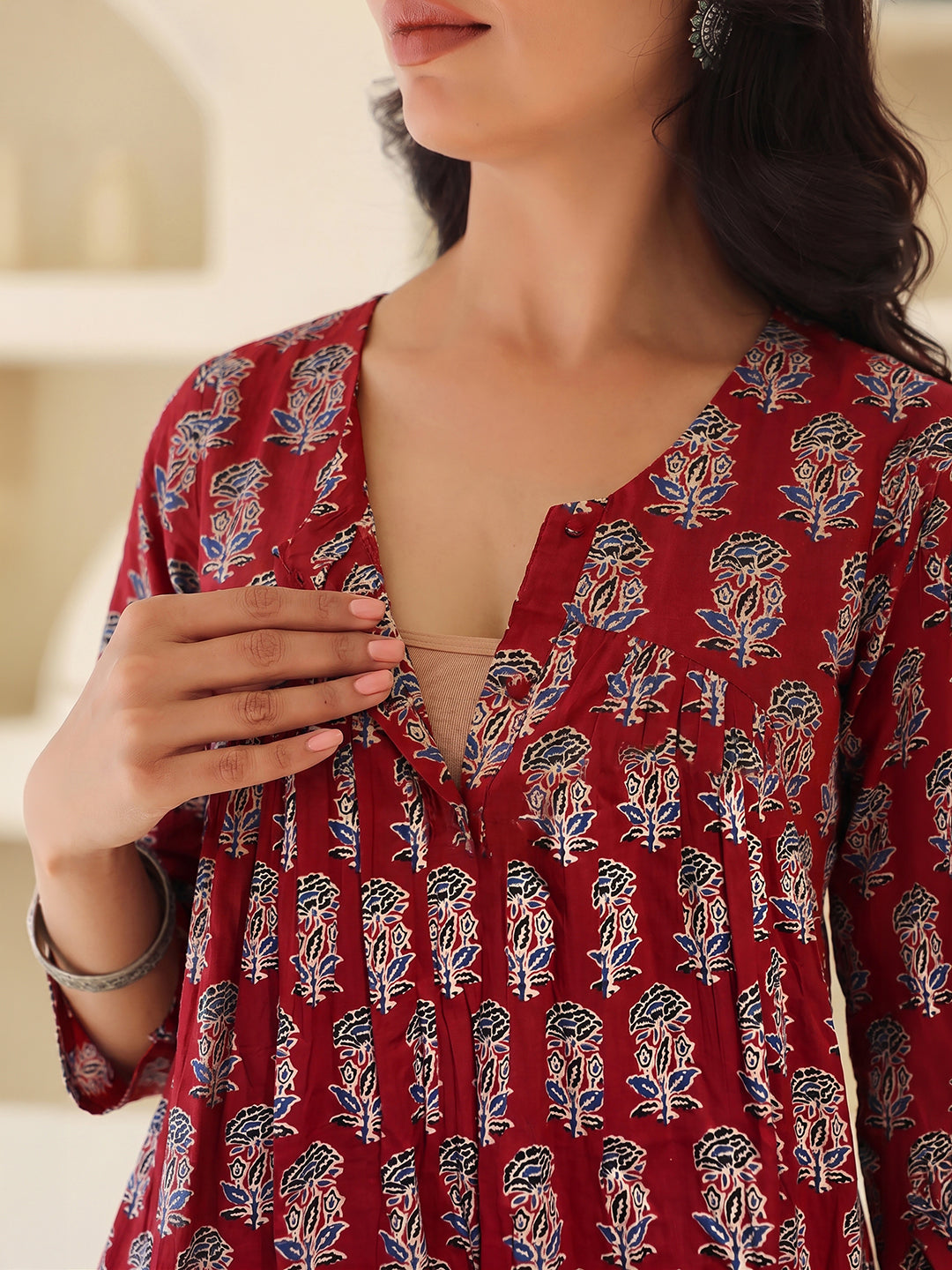 Janasya Women's Maternity Maroon Pure Cotton Ethnic Motifs Printed A-Line Kurta