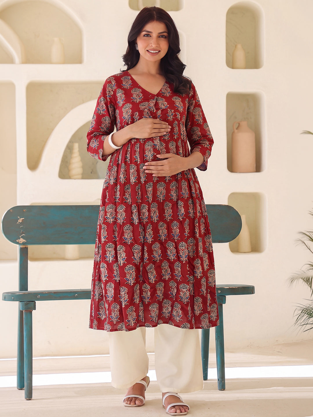 Janasya Women's Maternity Maroon Pure Cotton Ethnic Motifs Printed A-Line Kurta