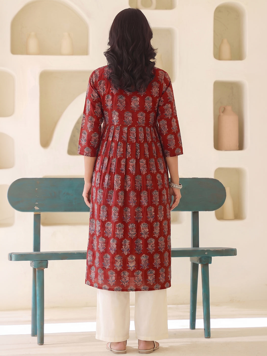 Janasya Women's Maternity Maroon Pure Cotton Ethnic Motifs Printed A-Line Kurta