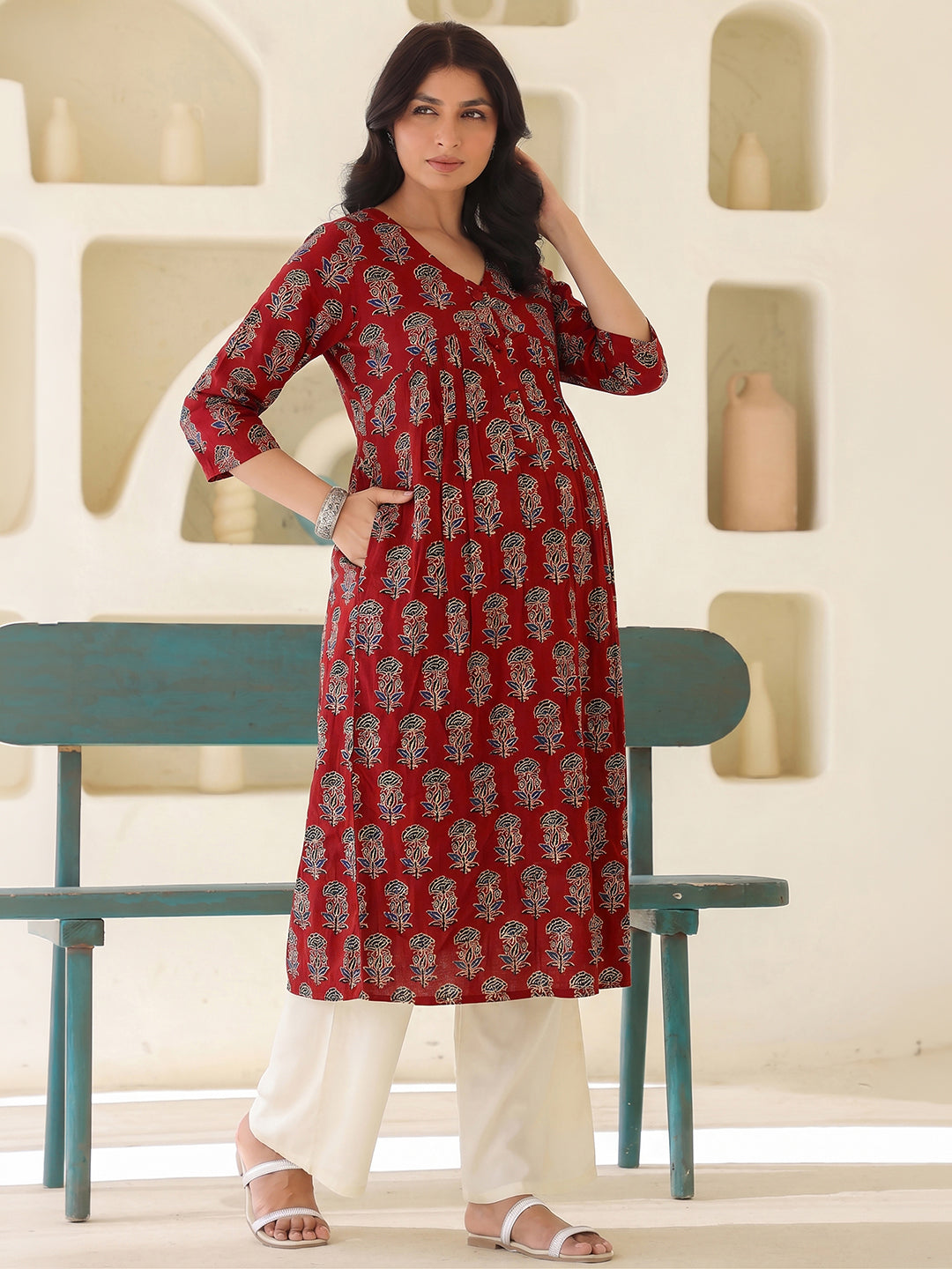 Janasya Women's Maternity Maroon Pure Cotton Ethnic Motifs Printed A-Line Kurta