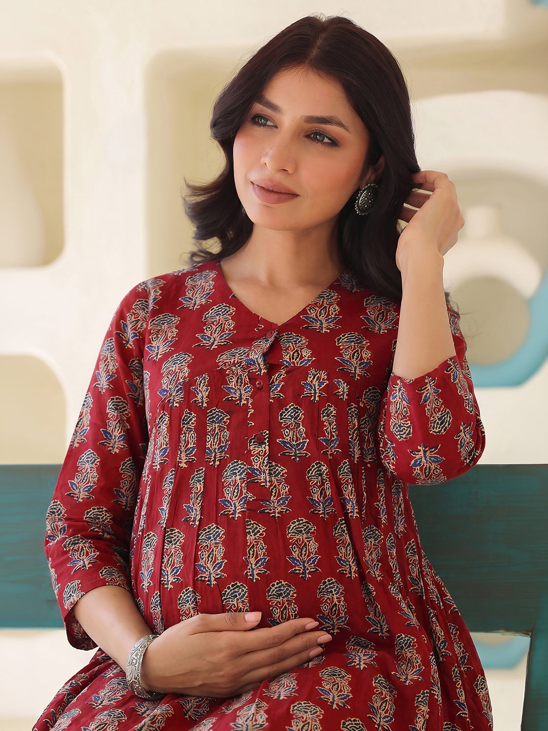 Janasya Women's Maternity Maroon Pure Cotton Ethnic Motifs Printed A-Line Kurta