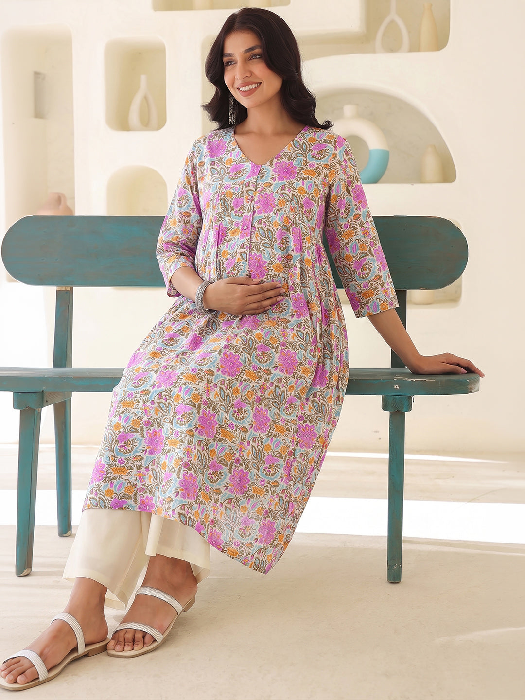 Janasya Women's Maternity Multicolor Pure Cotton Floral Printed A-Line Kurta