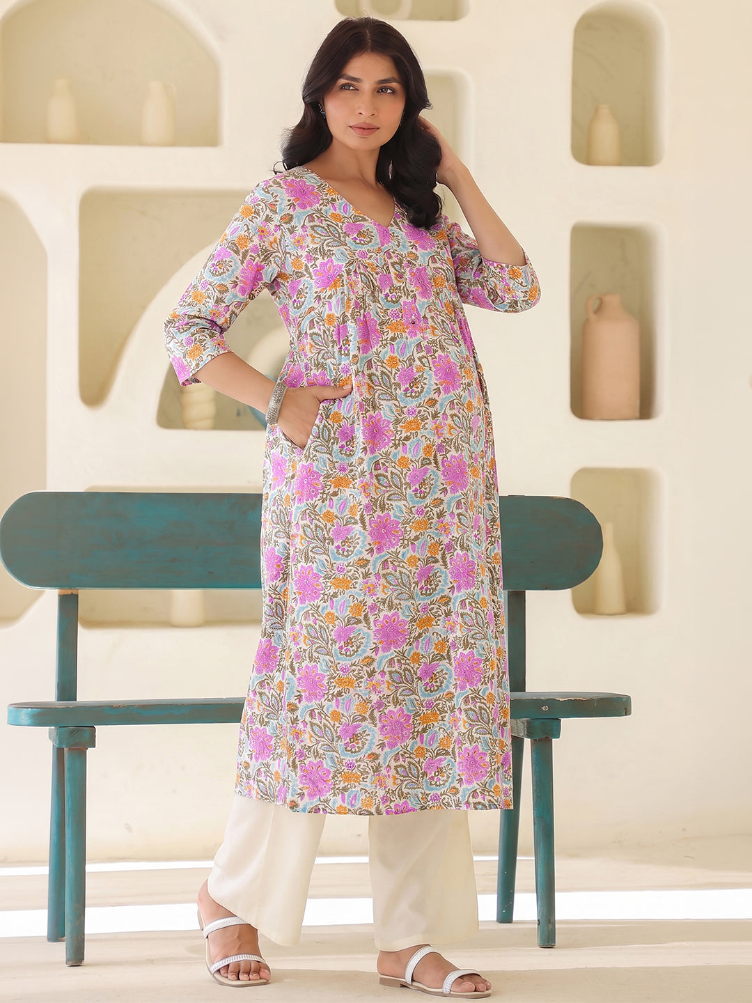 Janasya Women's Maternity Multicolor Pure Cotton Floral Printed A-Line Kurta