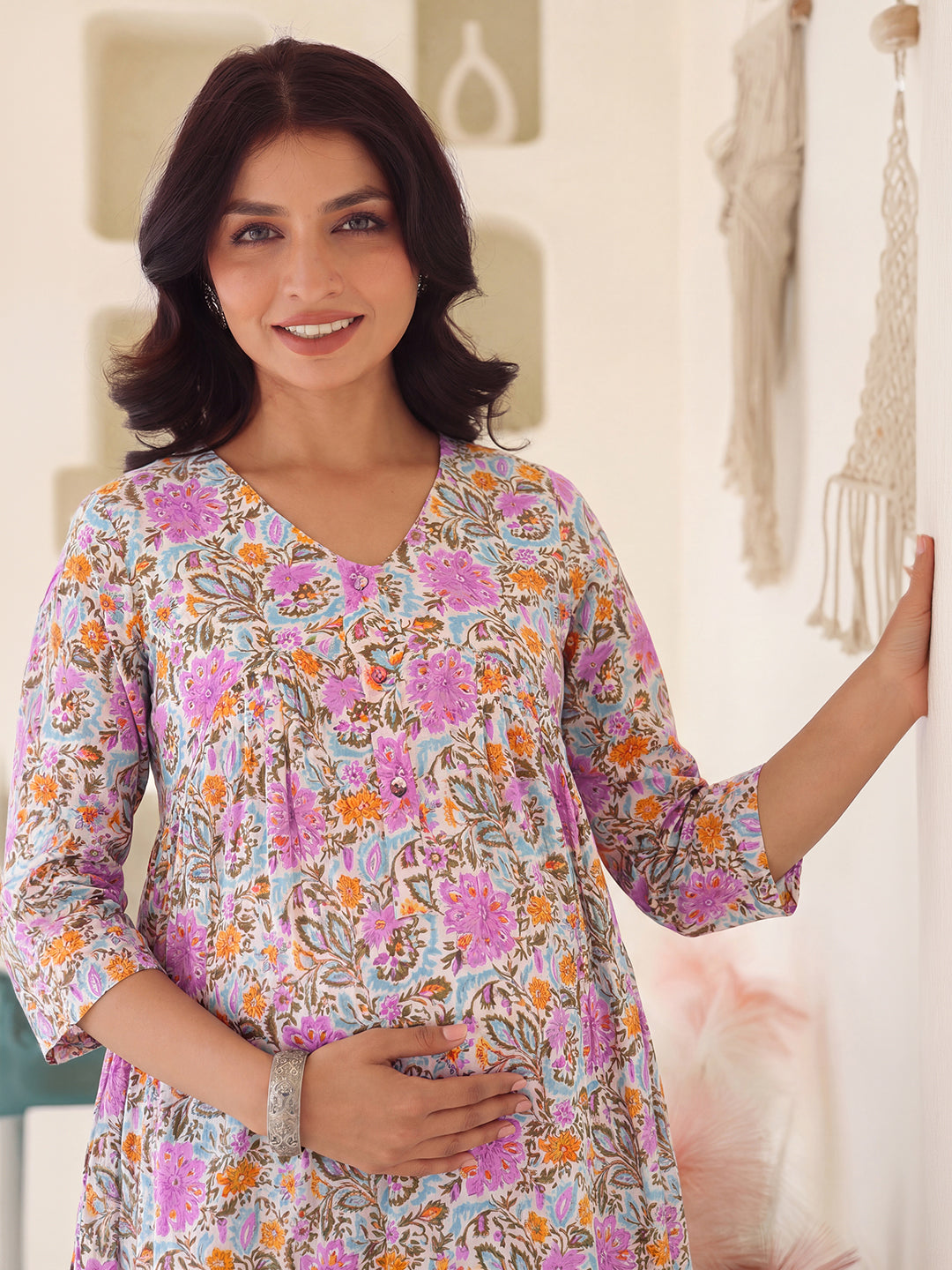 Janasya Women's Maternity Multicolor Pure Cotton Floral Printed A-Line Kurta