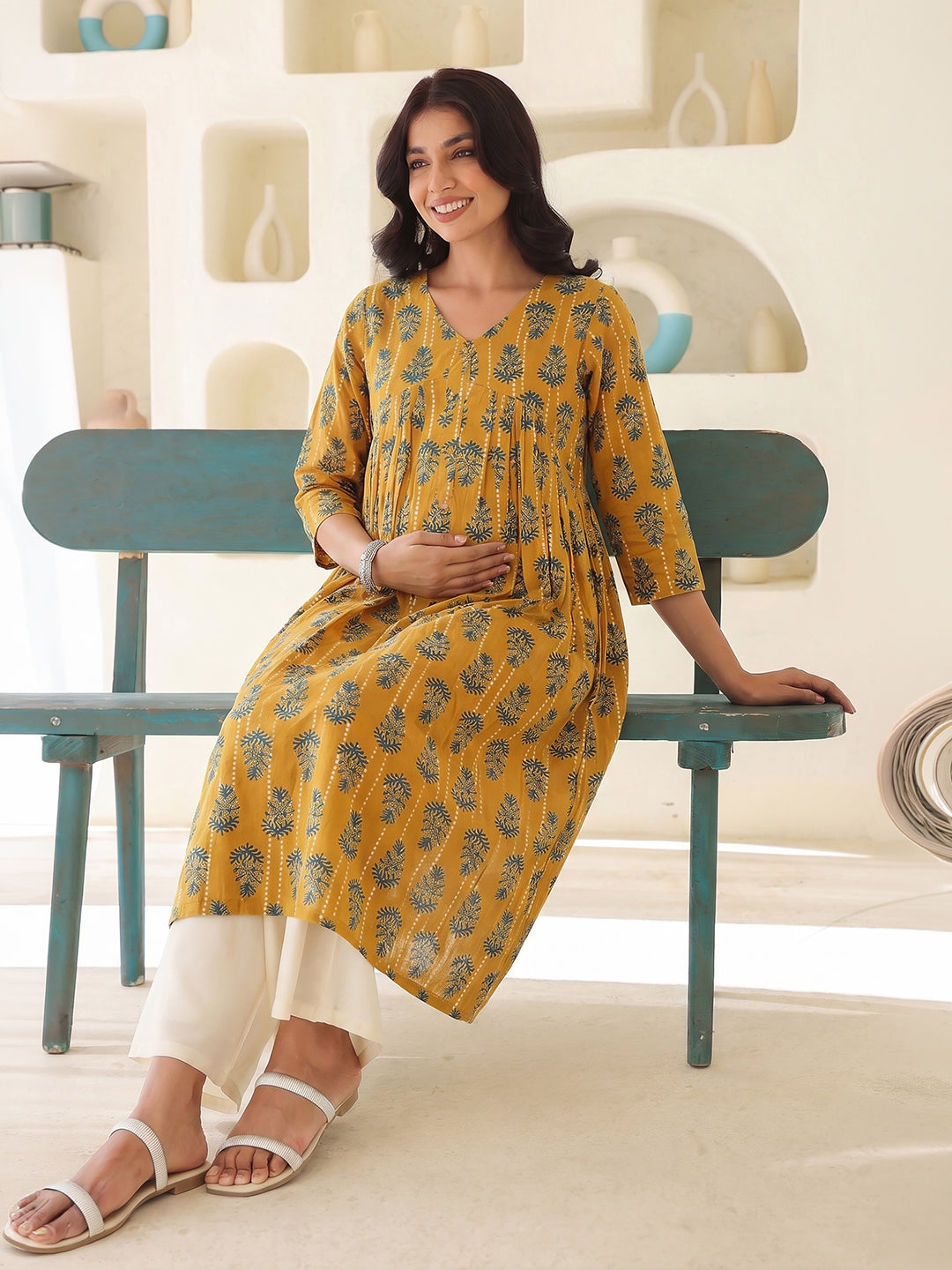 Janasya Women's Mustard Pure Cotton Ethnic Motifs Printed A-Line Maternity Kurta