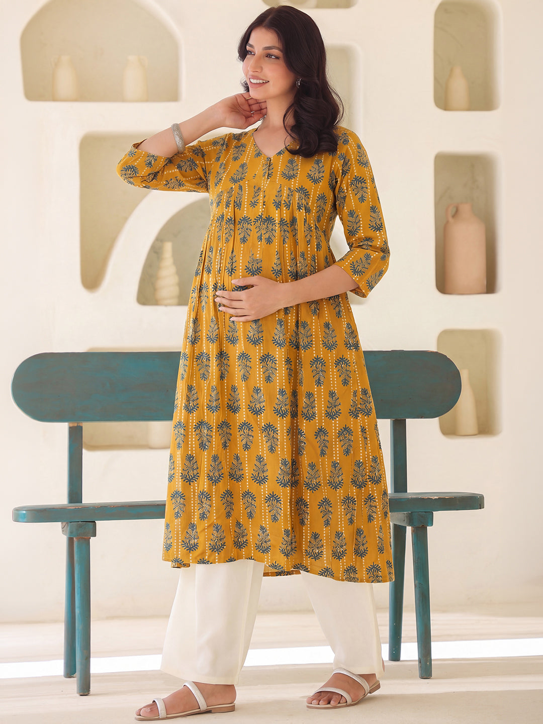 Janasya Women's Mustard Pure Cotton Ethnic Motifs Printed A-Line Maternity Kurta