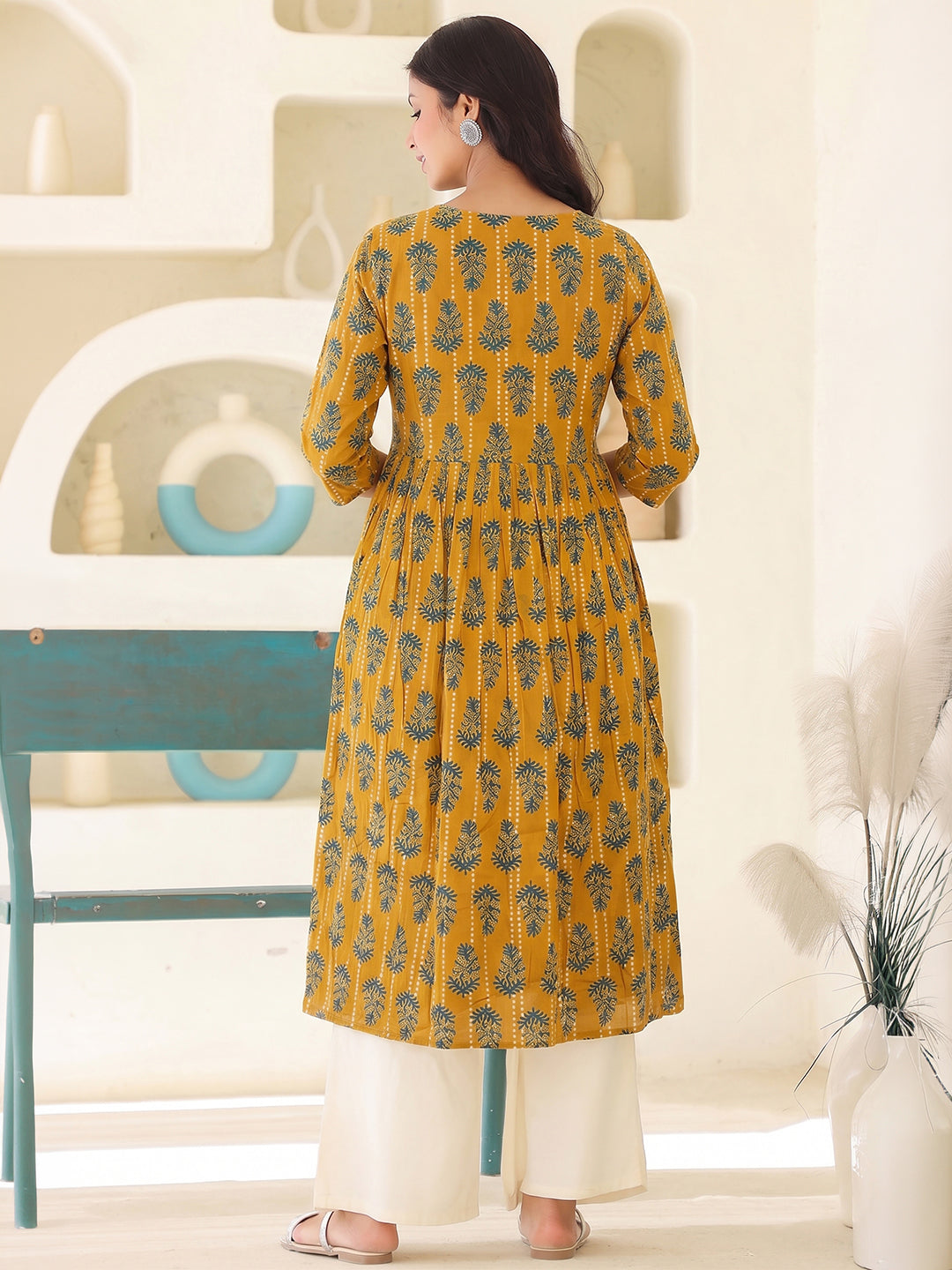 Janasya Women's Mustard Pure Cotton Ethnic Motifs Printed A-Line Maternity Kurta