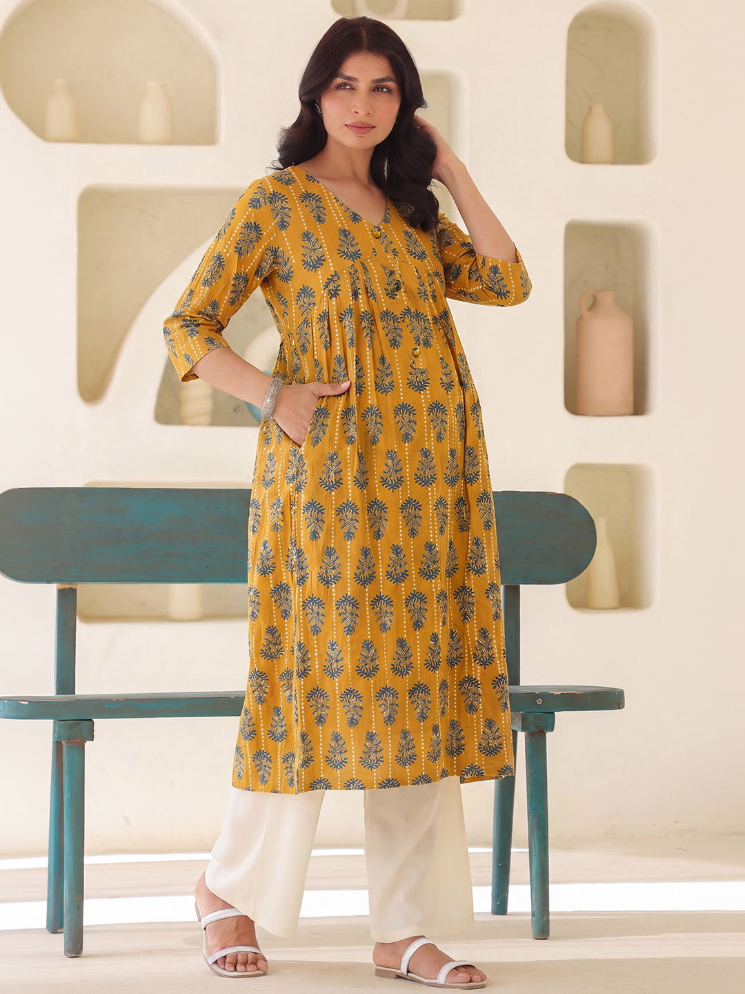 Janasya Women's Mustard Pure Cotton Ethnic Motifs Printed A-Line Maternity Kurta
