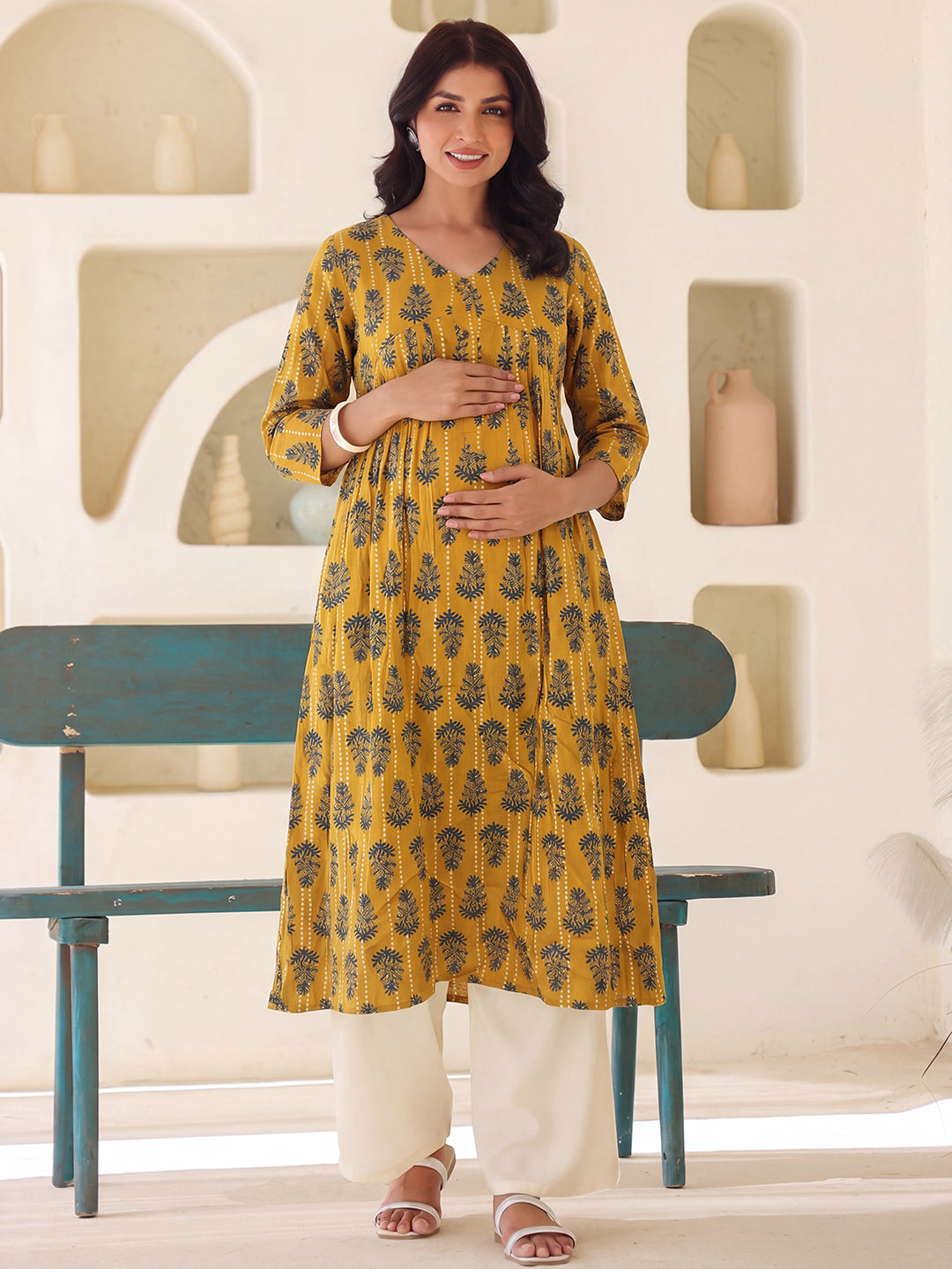 Janasya Women's Mustard Pure Cotton Ethnic Motifs Printed A-Line Maternity Kurta