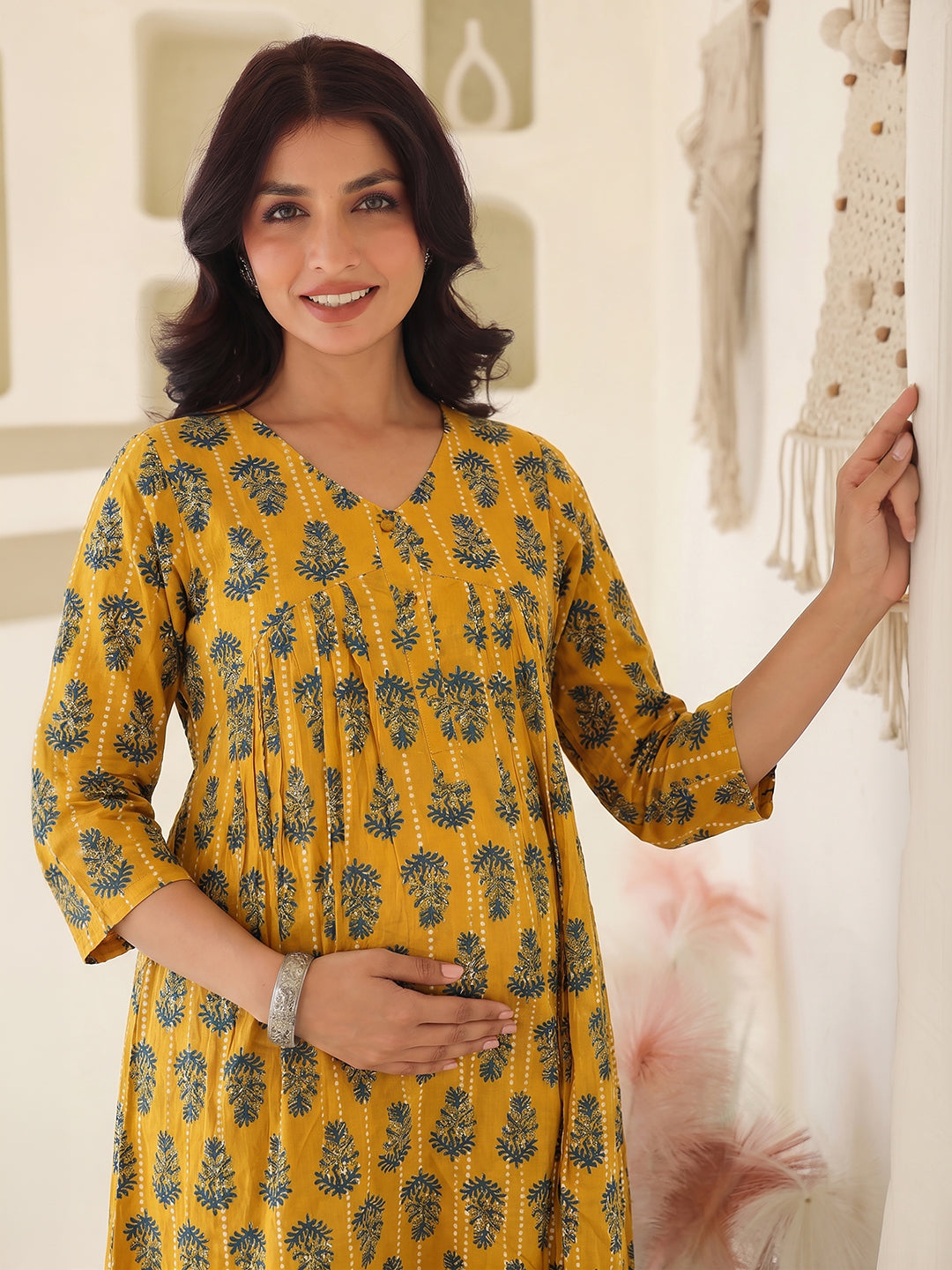 Janasya Women's Mustard Pure Cotton Ethnic Motifs Printed A-Line Maternity Kurta