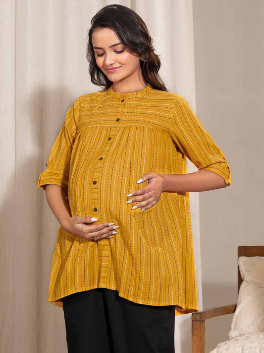 Mustard Cotton Woven Design A- Line Maternity Top