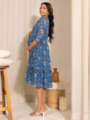 Blue Poly Georgette Floral Printed Flared Maternity Dress