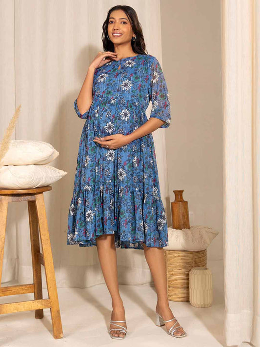 Blue Poly Georgette Floral Printed Flared Maternity Dress