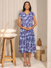 Blue Georgette Printed Flared Maternity Dress