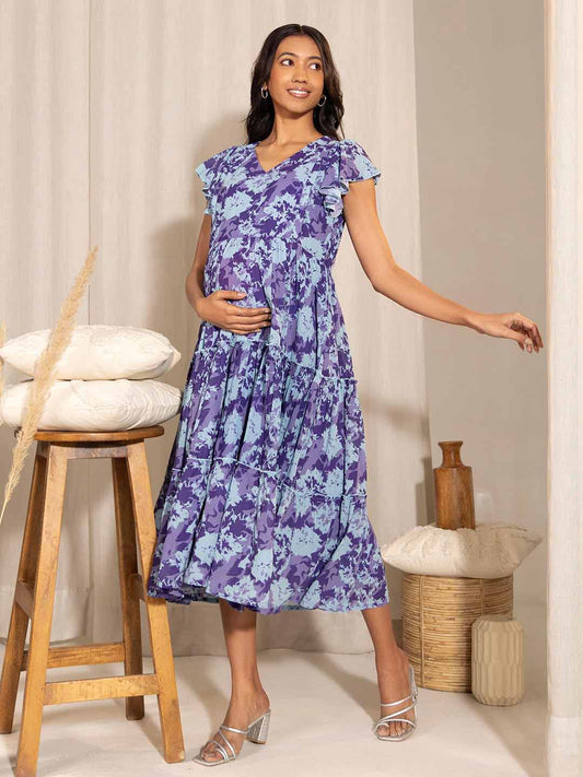 Blue Georgette Printed Flared Maternity Dress