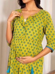 Green Cotton Printed A-Line Maternity Tunic