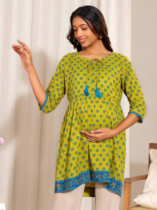 Green Cotton Printed A-Line Maternity Tunic