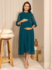 Teal Dobby Georgette Self Design Flared Maternity Dress