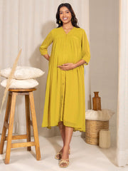 Yellow Dobby Georgette Self Design Frontslit Maternity Dress