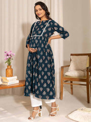 Teal Cotton Floral Fit & Flare Maternity Kurta