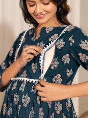 Teal Cotton Floral Fit & Flare Maternity Kurta