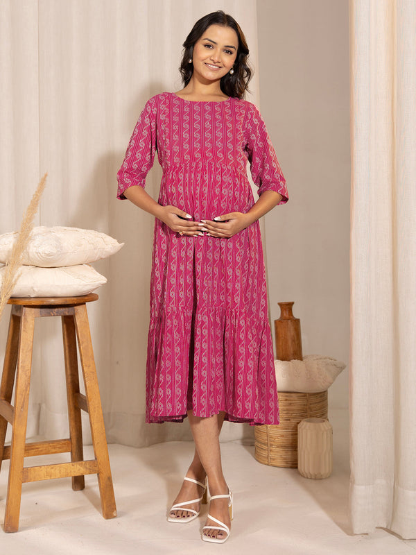 Pink Cotton Woven Design Tiered Western Dress