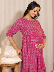 Pink Cotton Woven Design Tiered Maternity Dress
