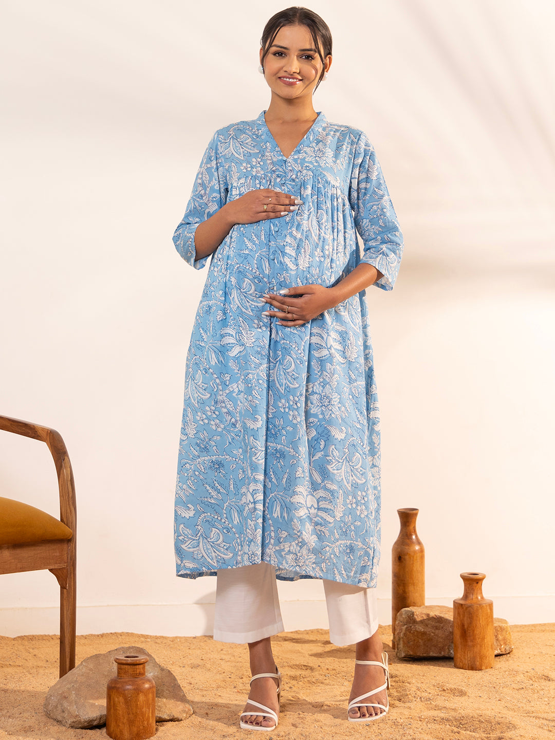 Sky Blue Cotton Floral Printed A-Line Maternity Kurta