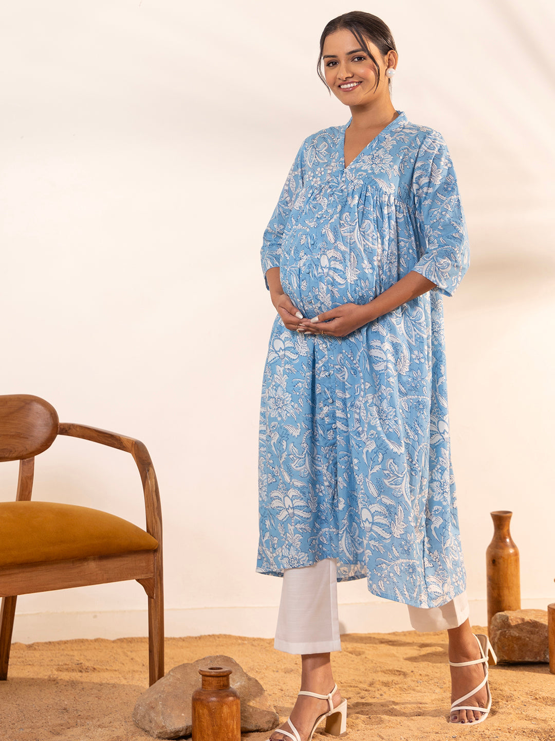 Sky Blue Cotton Floral Printed A-Line Maternity Kurta