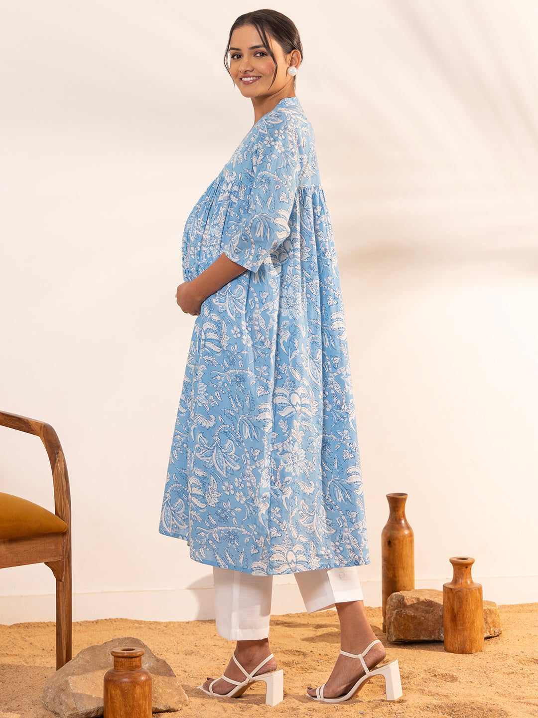 Sky Blue Cotton Floral Printed A-Line Maternity Kurta