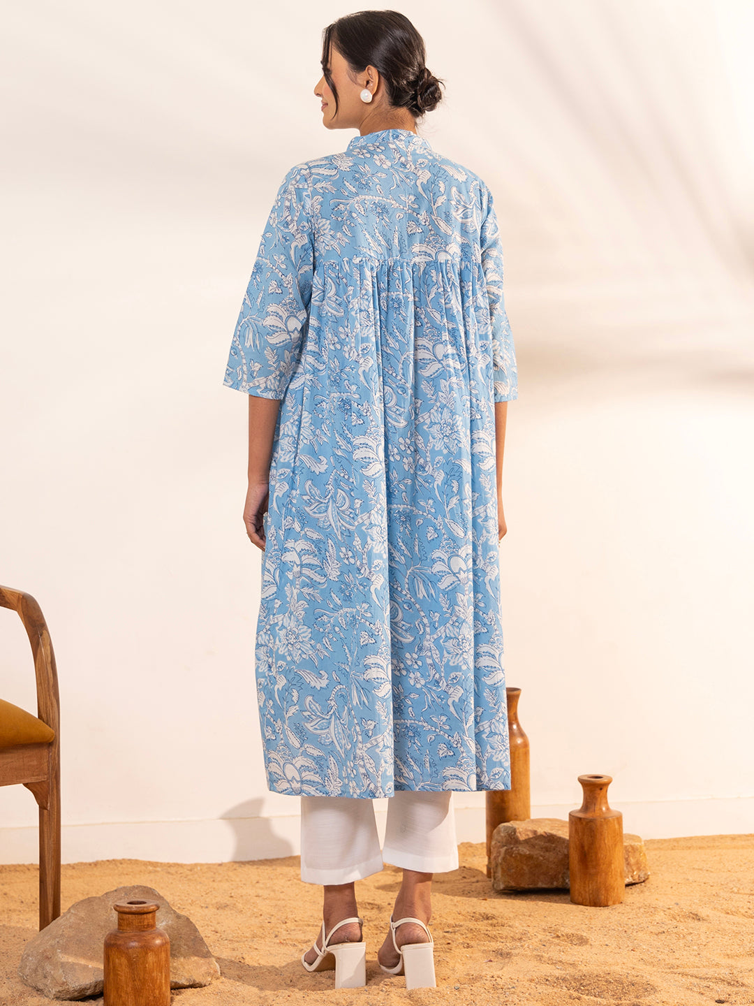 Sky Blue Cotton Floral Printed A-Line Maternity Kurta