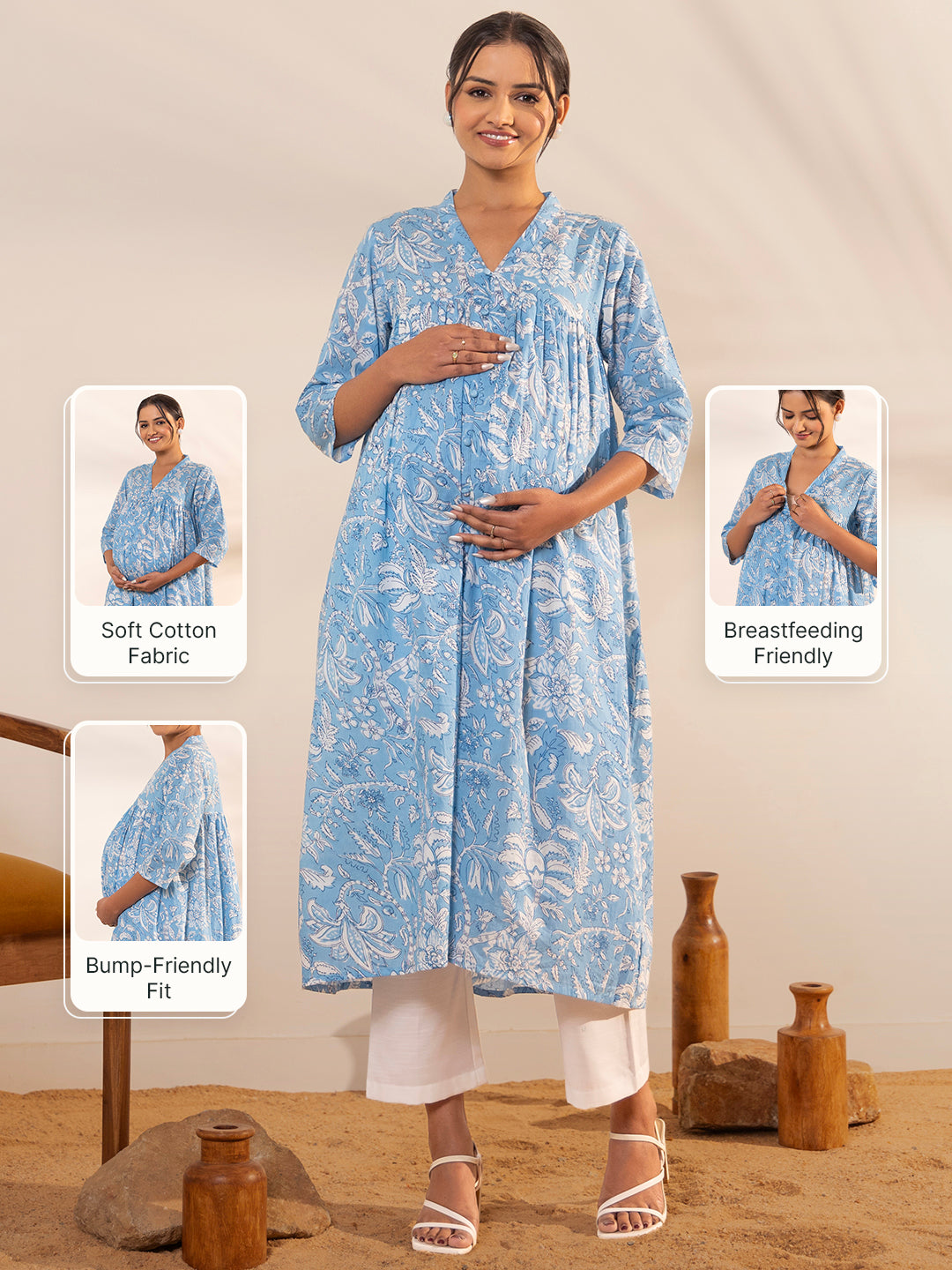 Sky Blue Cotton Floral Printed A-Line Maternity Kurta
