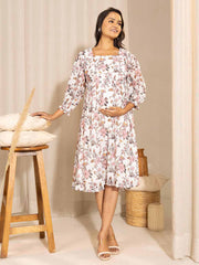 White Georgette Printed Flared Maternity Dress