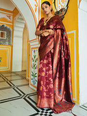 Maroon Banarasi Silk Woven Dual Tone Floral Design Saree with Unstitched Blouse Piece Janasya