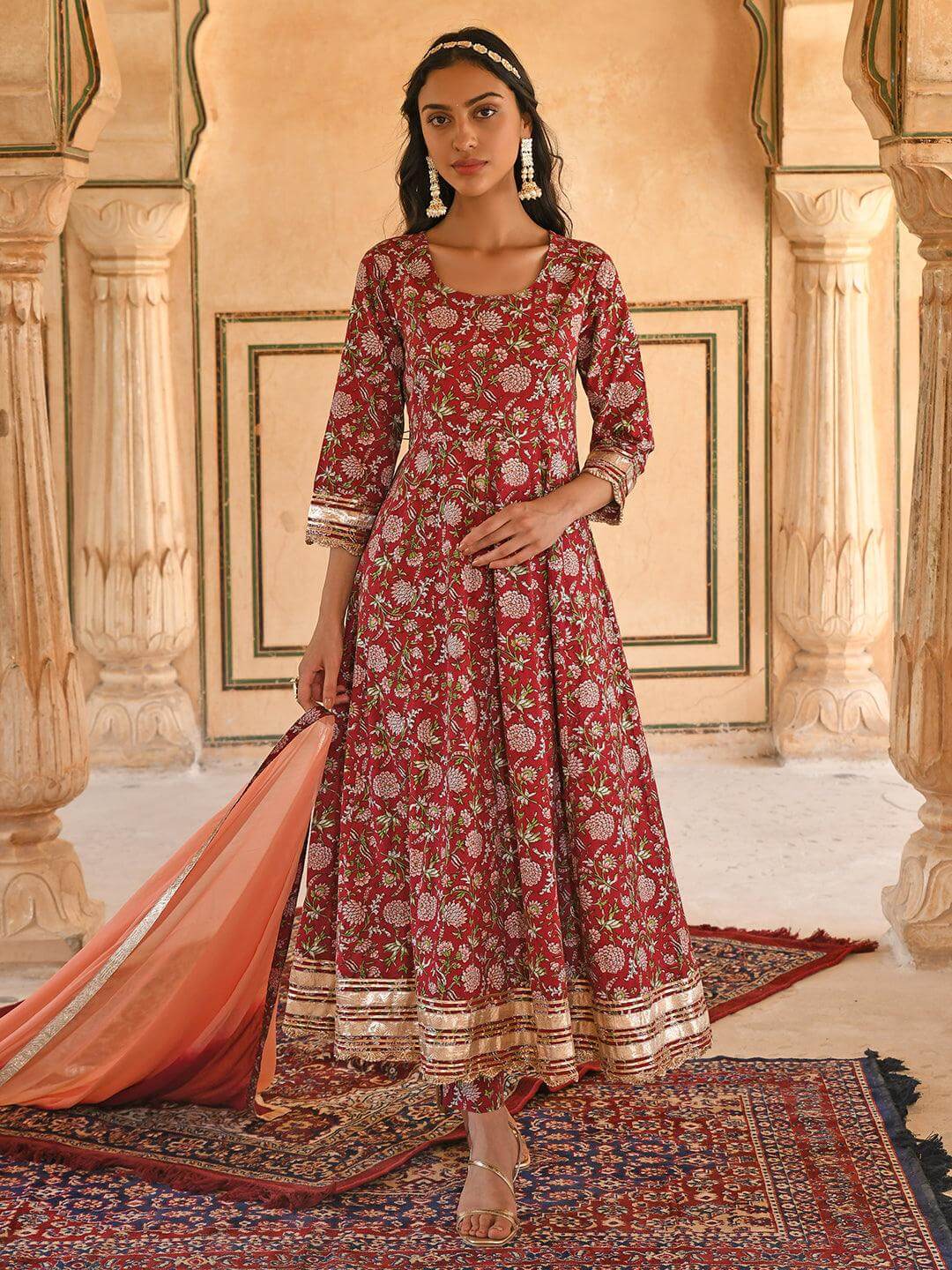 Dual toned flared anarkali dress with floral organza dupatta - Set Of Two  by The Anarkali Shop