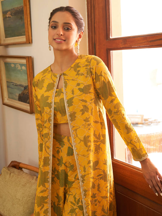 Mustard Cotton Floral Printed Crop Top with Straight Pant and Jacket Janasya