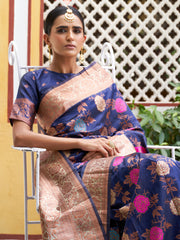 Navy Blue Banarasi Silk Floral Saree with Unstitched Blouse Piece Janasya