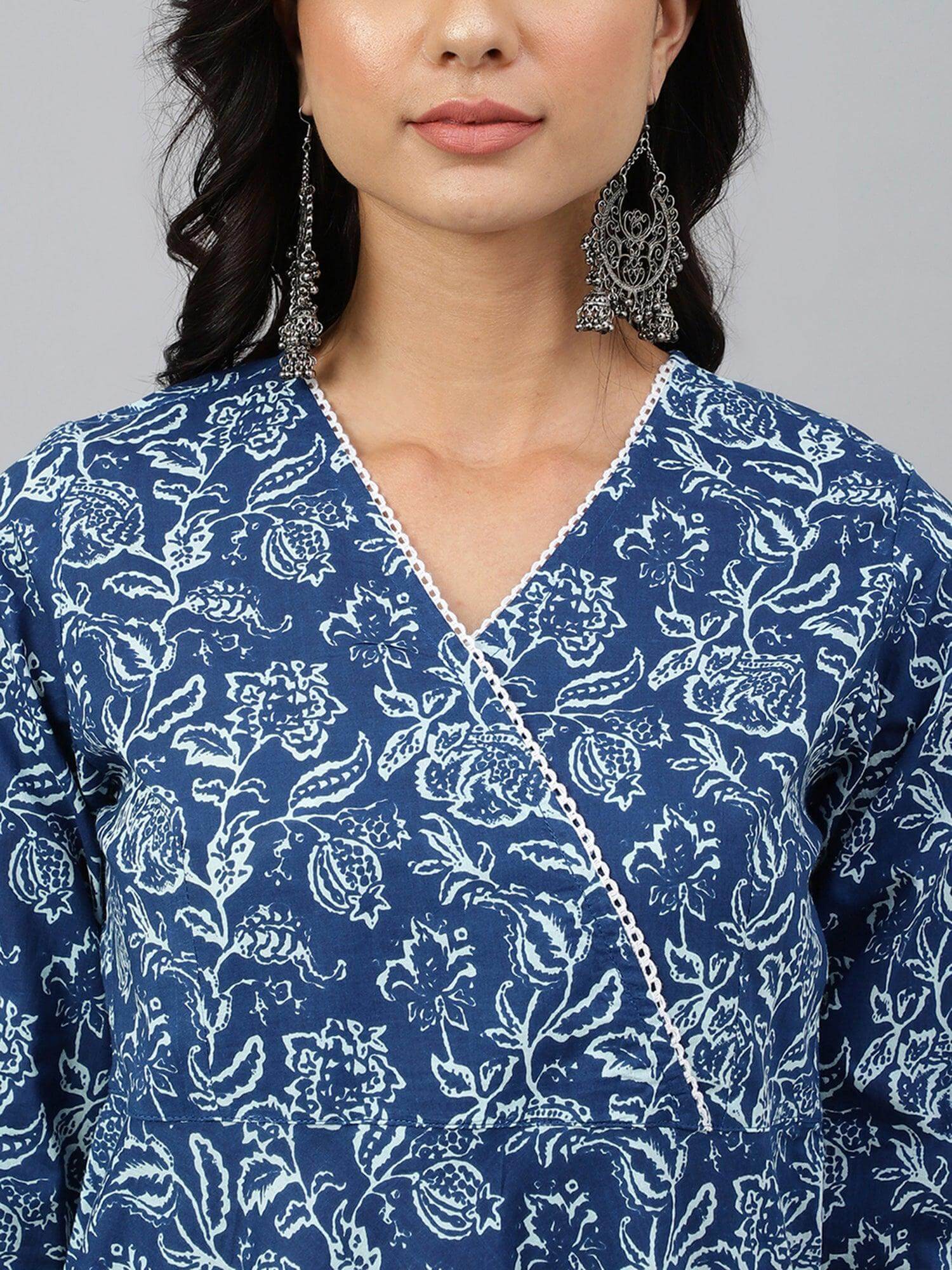Navy Blue Cotton Floral Print Angrakha Western Dress Janasya