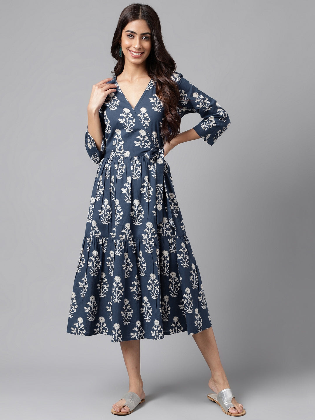 Navy Blue Cotton Floral Printed Wrap Dress Janasya
