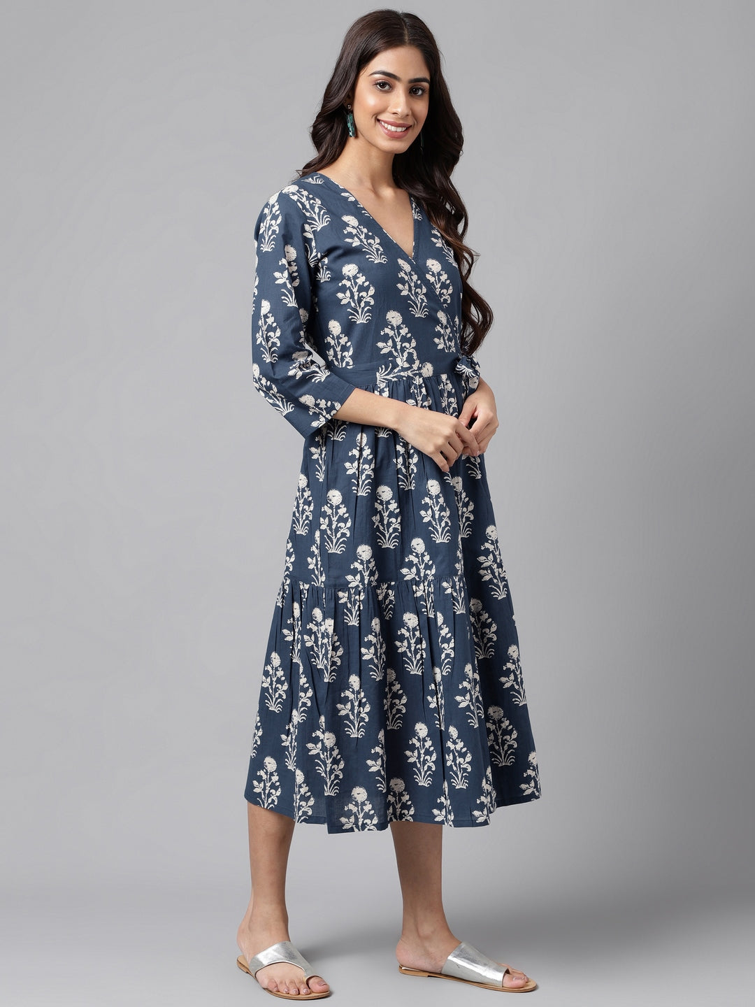 Navy Blue Cotton Floral Printed Wrap Dress Janasya