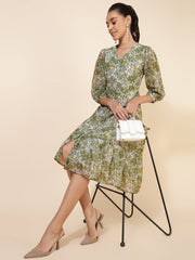Olive Georgette Floral Printed A-Line Dress Janasya