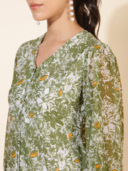 Olive Georgette Floral Printed A-Line Dress Janasya
