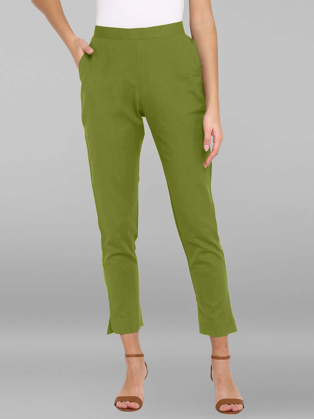 Olive Green Cotton Solid Casual Pant Janasya