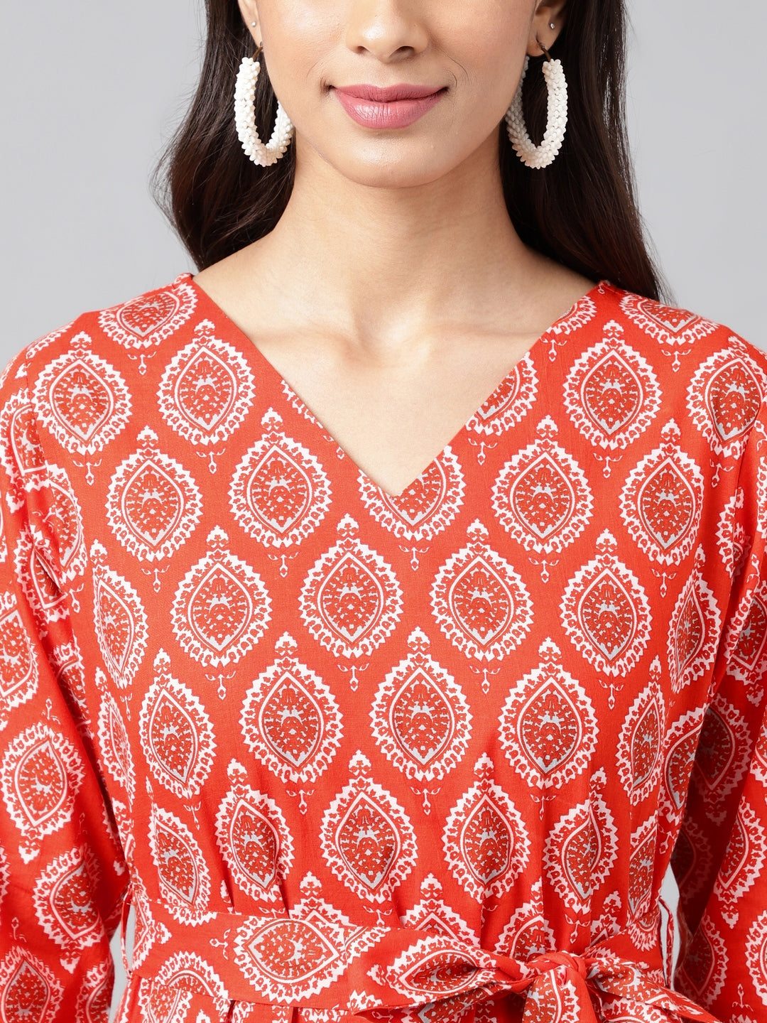 Orange Cotton Ethnic Motifs Printed Ruffled Dress Janasya