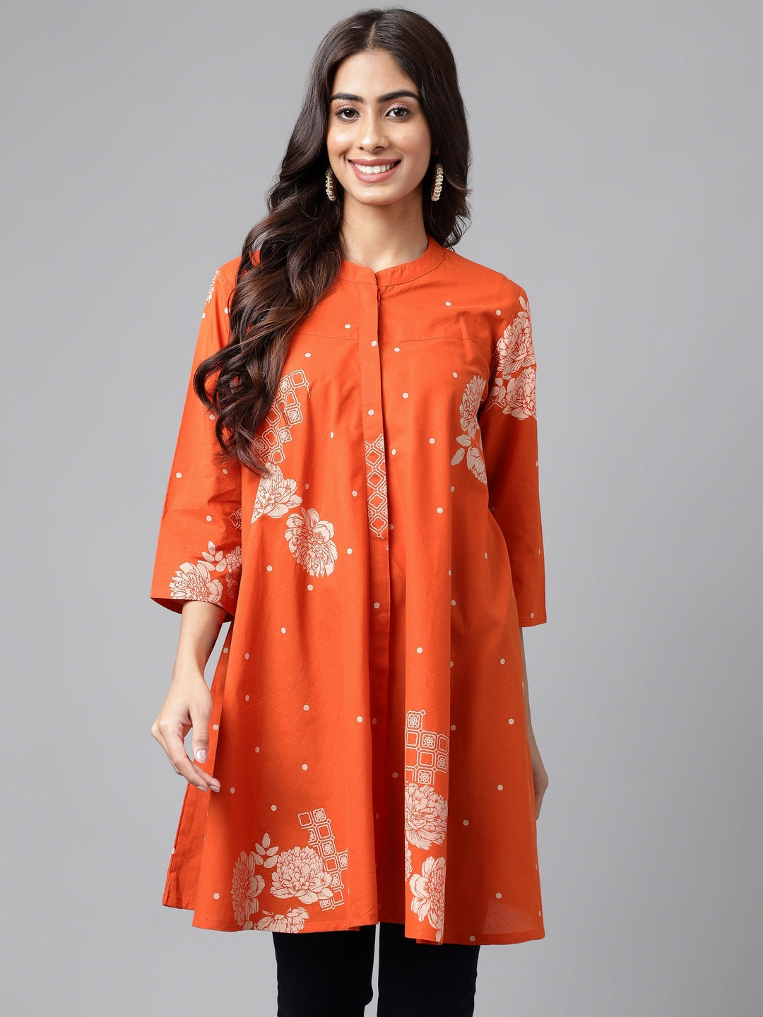 Orange Cotton Floral Printed Flared Tunic Janasya
