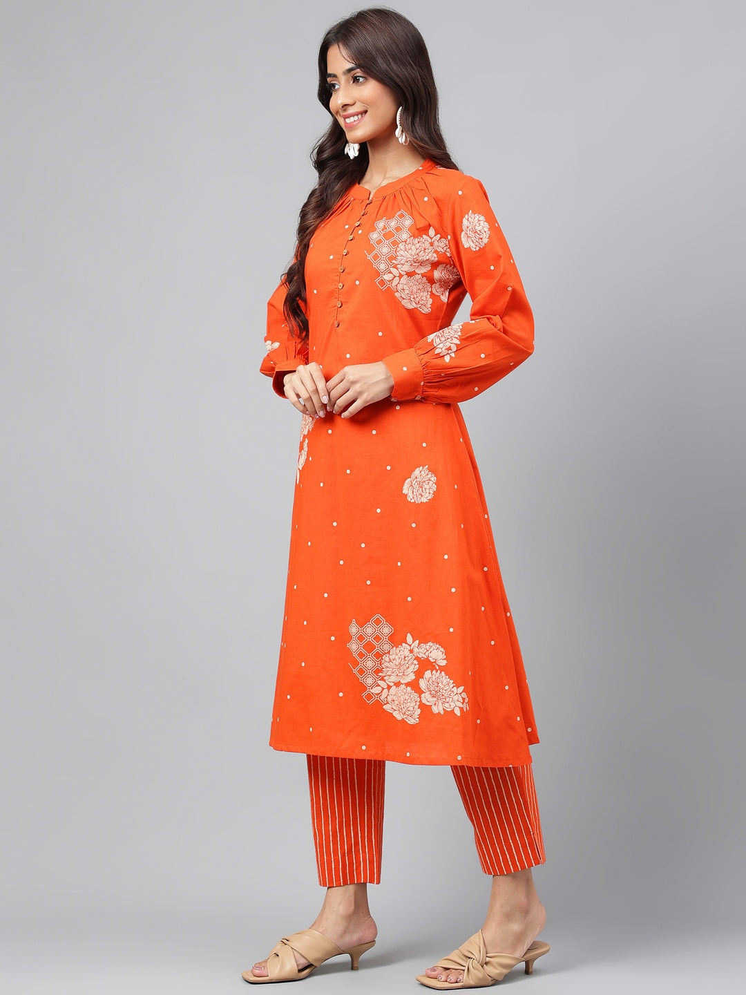 Orange Cotton Floral Printed Kurta with Pants Janasya